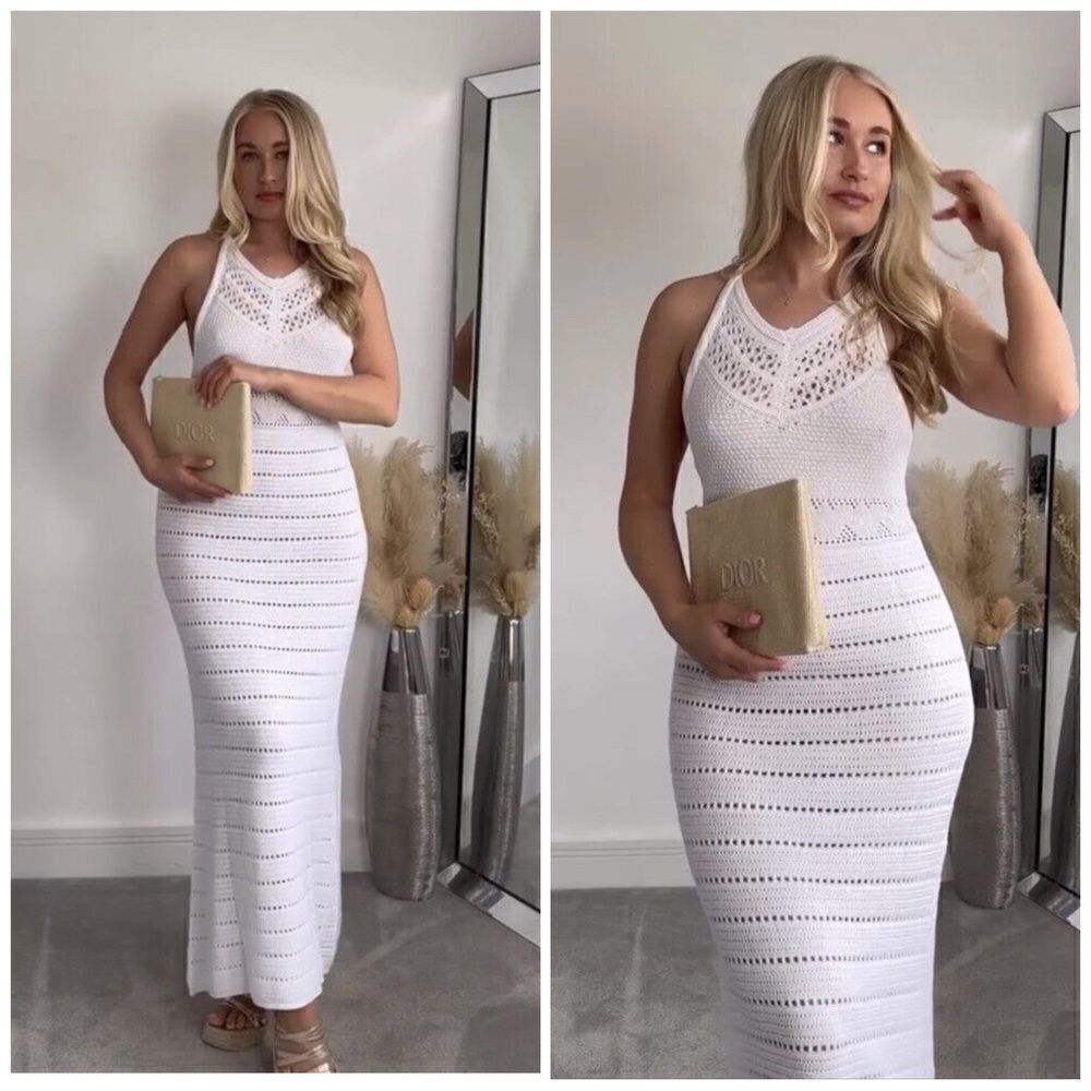 ZARA NEW WOMAN LONG OPEN-BACK KNIT DRESS V-NECK OYSTER WHITE